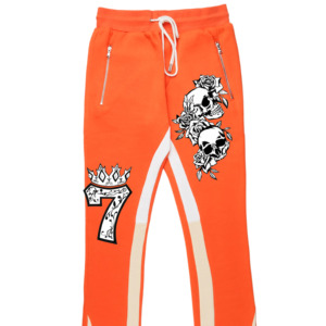 Pantalon évasé orange pour homme avec imprimé crâne et rose, taille élastique avec cordon de serrage, joggers décontractés, style été - Product Image 2