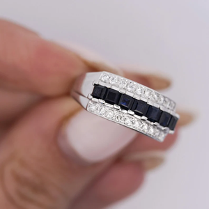 Classic Sapphire Eternity Band <b>Ring</b> With Emerald Cut Natural Stones Channel Set In Rhodium Plated 925 Silver <b>For</b> Wedding - Product Image 4