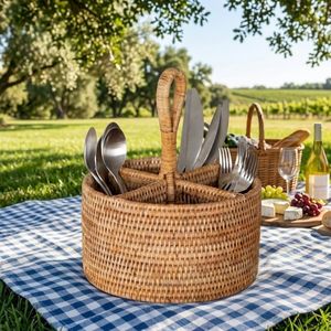 ตะกร้าใส่เครื่องครัวทำด้วยมือทำจากหวายธรรมชาติเป็นมิตรกับสิ่งแวดล้อมอุปกรณ์จัดระเบียบเครื่องใช้บนโต๊ะอาหารสำหรับโต๊ะอาหาร - Product Image 5