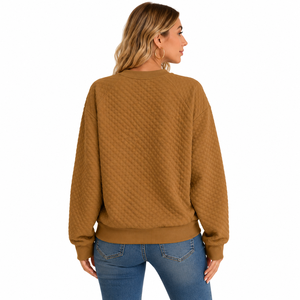 Women's <b>Quilted</b> Crewneck Sweatshirt Textured Raglan Sleeve Coffee Brown Streetwear Casual Hoodies Custom Logo - Product Image 2