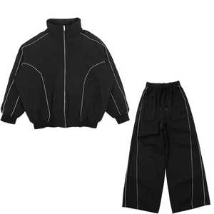 Ensemble de survêtement unisexe noir à manches longues, col montant, style sportif, coupe ample, polyester/nylon, coupe-vent pour l'automne - Product Image 1