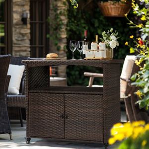 Outdoor <b>Kitchen</b> Serving Cart Roll with Storage Cabinet Patio Wicker Sideboard Buffet <b>Prep</b> <b>Table</b> for Outdoor Bar or Patio - Product Image 3