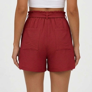 Pantalones cortos informales para mujer, cintura alta, cintura elástica con cordón y bolsillos, ajuste holgado, color sólido - Product Image 2