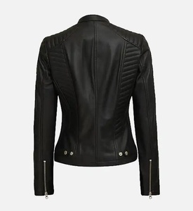 Chaqueta de Motociclista de Cuero Sintético PU Negra para Mujer, Manga Larga, Cuello Alto, Cierre de Cremallera, Color Sólido, para Otoño - Product Image 3