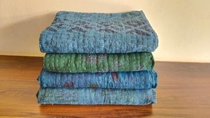 Blue Color <b>Dye</b> Cotton Kantha Quilt LOT: Indian Vintage reversible Blanket, Twin Size - Product Image 3