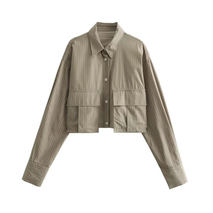 Camisa corta a rayas para mujer, manga larga, cuello vuelto, top informal tejido, corte regular, para todas las estaciones - Product Image 1