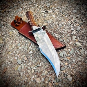 Cuchillo Bowie con Hoja de Punta Caída, Acero al Carbono, Mango de Asta de Ciervo, Funda de Cuero, Uso en Exteriores, OEM - Product Image 4