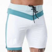 Pantalones Cortos Capri Blancos de Cintura Alta para Hombre con Panel Teal, Cierre con Cordón, Secado Rápido, Spandex, Poliéster, Ropa Deportiva Casual