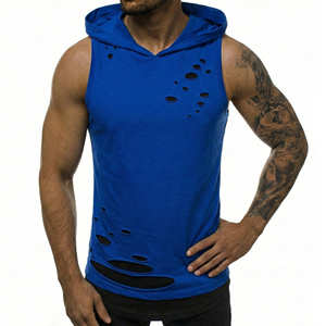 Bulk Wholesale Men's Ripped Sleeveless Hoodie Custom Colours Logo <b>Distressed</b> Muscle Tee Layered Gym Streetwear Workout Tank <b>Tops</b> - Product Image 3