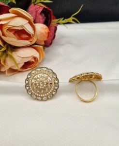 Handcrafted Circular Gold Plated Kundan Pearl Cluster <b>Adjustable</b> <b>Rings</b> For Women Bridal Party Ethnic Festive Wear <b>Ring</b> Wholesale - Product Image 5