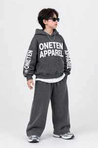 ONETEN APPAREL Kids Boys Spandex Winter Split Hem Front Logo Tracksuit Set <b>Hoodie</b> Sweatpants Letter Print Acid Wash Streetwear - Product Image 5