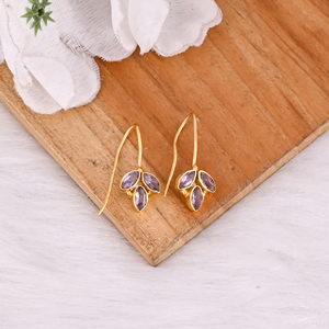 Elegant Purple Amethyst <b>Earrings</b> Handmade Brass Gold Plated Gemstone Jewelry for Women - Product Image 3