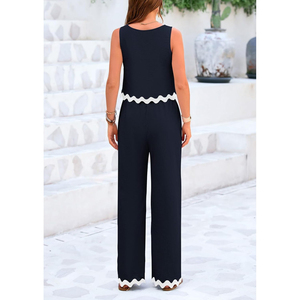 Ensemble 2 pièces d'été pour femme : débardeur court à volants et pantalon large bleu marine uni, respirant et tissé - Product Image 2