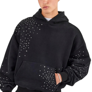 Sudadera con Capucha Unisex, Forrada, con Apliques Bordados y Pedrería, de Felpa Negra, 100% Mezcla de Algodón, Talla Grande, para Invierno - Product Image 1