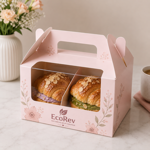 EcoRev Ivory Board Self Erecting <b>Box</b> With Handle Gold Foil Design For Pastries Croissant Packaging Rectangle Paperboard <b>Box</b> - Product Image 3