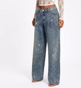 Jean en denim taille haute à jambe large pour femme, longueur intégrale, imprimé à pois pailletés, coupe ample, style club sexy, pour le printemps - Product Image 3