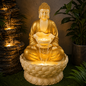 Fuente de Agua de Buda de Lujo para Jardín |   Estatua de Buda Independiente de FRP de 3 Pies con Iluminación LED y Cascada |   Fuente de Meditación Zen - Product Image 3