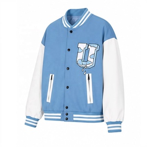 เสื้อแจ็คเก็ต Letterman สีน้ำเงินขาวสำหรับผู้ชาย ทรงเบสบอล คอวี มีซิปและกระเป๋าเสื้อ สำหรับใส่ลำลอง เสื้อแจ็คเก็ต Varsity สำหรับผู้ชาย - Product Image 5