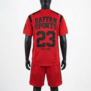Conjunto Deportivo de Malla de Poliéster Premium de 160 GSM, Transpirable, con Paneles en Rojo y Negro en Contraste, Logotipo Personalizado con Transferencia Térmica para Hombre - Product Image 6