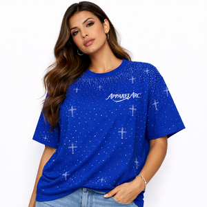 T-shirt bleu entièrement orné de strass pour homme, personnalisé avec des cristaux argentés, streetwear, fabricant OEM - Product Image 2