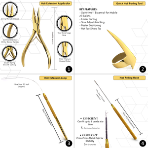 Premium Gold Hair Extension Tool Kit Micro Link Hair <b>Crimping</b> Pliers Sectioning Ring Pulling Loop Threader Cutting Scissors - Product Image 3