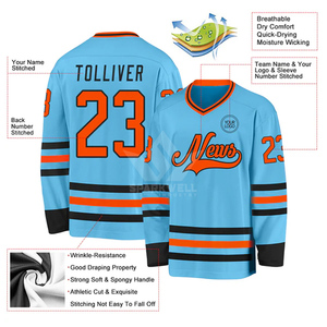 Jersey de Hockey sobre Hielo Personalizado para Hombre, Color Azul Cielo y Naranja, Cuello en V, Manga Larga, Nombre y Número Sublimados, Uniforme de Equipo de Poliéster - Product Image 3