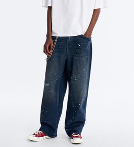 Jeans de hombre de corte regular personalizado, cintura media, 100% algodón, pantalones vaqueros holgados para hombre, pantalones vaqueros con lavado efecto barro para hombre - Product Image 1