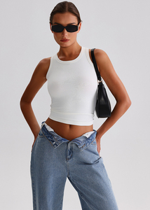 Women's Black Solid Knitted Sleeveless Tank Top O-<b>Neck</b> Casual Short Length Breathable Spandex Cotton Blend Top - Product Image 5