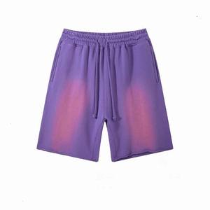 Shorts Bermuda en coton délavé violet pour homme, avec cordon de serrage, couleur unie, poches, tissu tricoté respirant, taille mi-haute - Product Image 1