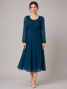 Robe Western Unie Bleu Teal Imprimée Col Profond Manches Longues Dos Noué Évasée en Chiffon Longueur Midi Décontractée Confortable pour Femme - Product Image 1