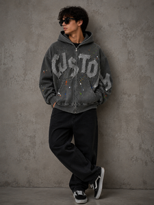 Custom Vintage Oversized Washed Gray Zip Hoodie Distressed Patchwork Graphics Streetwear Sweatshirt <b>Paint</b> Splatter Casual Unisex - Product Image 5