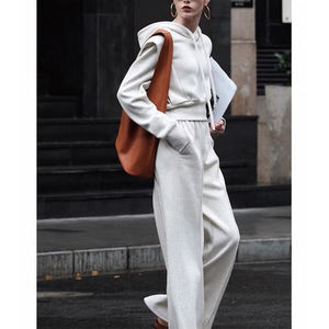 Women's White Hooded Sweatshirt And Jogger Set Loose Fit Solid Color Casual All Seasons Two Piece <b>Outfit</b> - Product Image 6