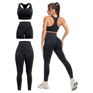 Ensemble de vêtements de sport pour femmes personnalisable en 3 pièces, taille XL, soutien-gorge de yoga sans couture, sans armatures, grande taille, broderie unie, prix abordable, OEM - Product Image 1