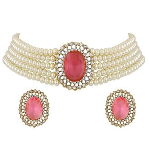 Parure Collier et Boucles d'Oreilles Vintage Plaqué Or avec Perles et Cristal Rose Ovale Central, Bijoux de Soirée pour Femme en Alliage et Perles d'Imitation - Product Image 1