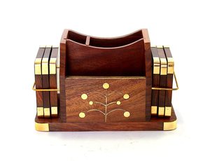 Organizador de Escritorio de Madera con Detalles en Latón y Diseño con Incrustaciones Florales - Product Image 4
