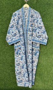100% Cotton Soft V-neck Full Length Handcrafted <b>Kimono</b> Bathrobe Paisley Floral Block Print Casual Robe Lightweight Sleepwear - Product Image 3