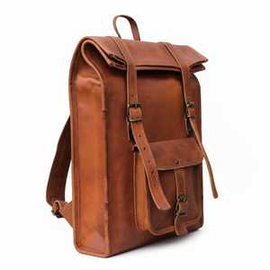 Travel Ready Leather <b>Roll</b> Top <b>Backpack</b> Luggage Strap Rucksack For Airport Commute Business Laptop Bag LRTB-0151 - Product Image 5