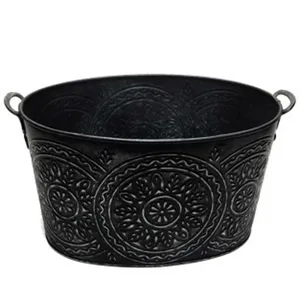 Jardinière ronde moderne en aluminium faite à la main avec motif vertical, décoration rustique pour table d'extérieur - Product Image 2