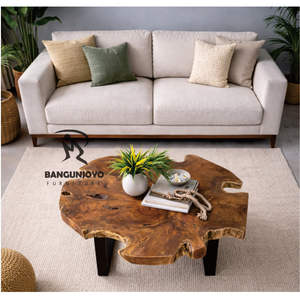 Mesa de Centro Moderna Hecha a Mano con Madera Sólida de Raíz de Teca y Patas de Metal con Acabado Negro para Sala de Estar - Product Image 3