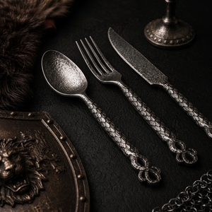 Cuchara, tenedor y cuchillo de acero forjado a mano, utensilios de comedor duraderos para acampar, viajar y uso diario, juego de cubiertos medieval - Product Image 2