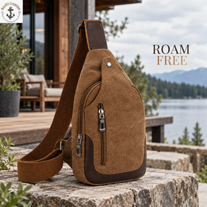 Bolso bandolera de lona marrón con cremallera vertical y detalle de broche |   Bolso bandolera compacto con base reforzada para viajes - Product Image 2