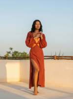 Robe longue bohème en gaze de coton 100% écologique, tissée, teinte par immersion, pour femme, col en V, sans manches, couleur unie, coupe ample, avec fente, ourlet évasé, idéale pour la plage