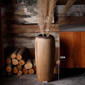 Vase de sol en céramique à grain de bois rustique, finition mate, fait main, grand vase à fleurs pour table, pour la décoration de la maison et des hôtels - Product Image 1