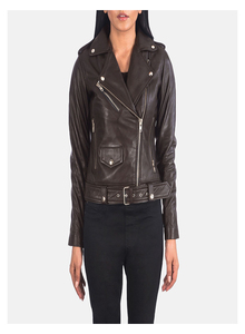 Chaqueta de Motociclista de Cuero Genuino Negro para Mujer, con Cierre de Cremallera, Cuello Alto, Manga Larga, Estilo Otoñal - Product Image 4