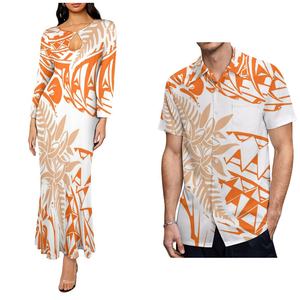 Blusa Morada para Hombre con Elegante Estampado Tropical Dorado, Conjunto de Pareja con Diseño Tribal Polinesio - Product Image 4