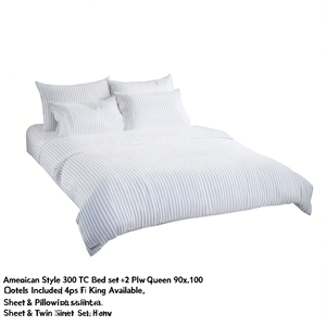 American Style 300TC Woven Striped 4pcs 90x100 Inch Cotton <b>Fitted</b> Bed Set for Hotels - Product Image 2
