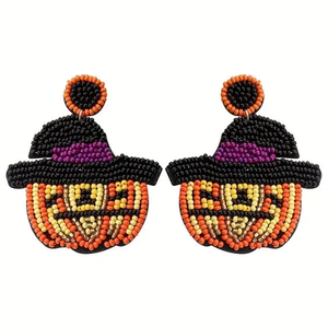 Pendientes colgantes hechos a mano con cuentas de calabaza y sombrero de bruja, estilo bohemio para mujer, joyería de fiesta - Product Image 1
