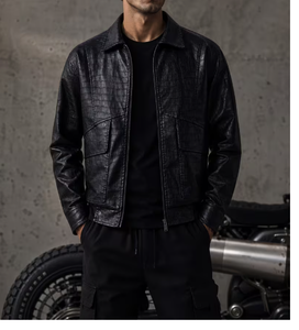 Men s PU Leather Jacket Crocodile <b>Pattern</b> Zipper Closure Turn-down Collar Regular Fit Moto Biker Style Autumn Wear Premium Croc - Product Image 1