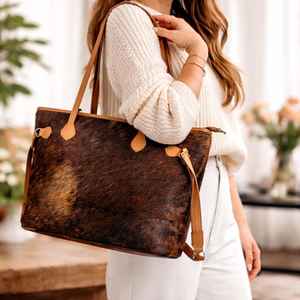 Sac fourre-tout en cuir véritable de vachette à poils, avec broderie et fermeture éclair, pour femme LHTB-0006 - Product Image 2