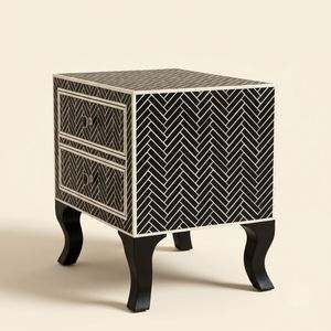 <b>Black</b> Bone Inlay 2 <b>Drawer</b> <b>Bedside</b> table Chevron Stripe Pattern Nightstand Artisan bedroom Furniture Bone Inlay Table - Product Image 4
